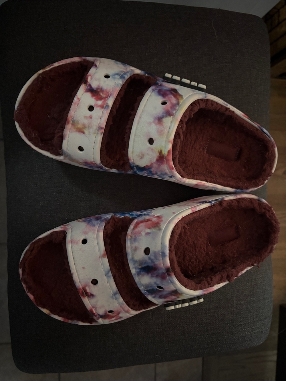 CROCS Tie-Dye Slide Sandals with Maroon Fleece Lining